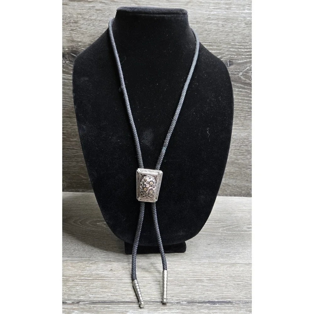 Vintage Western Leopard Skin Jasper Bolo Tie Silver Tone Filigree Black Cord